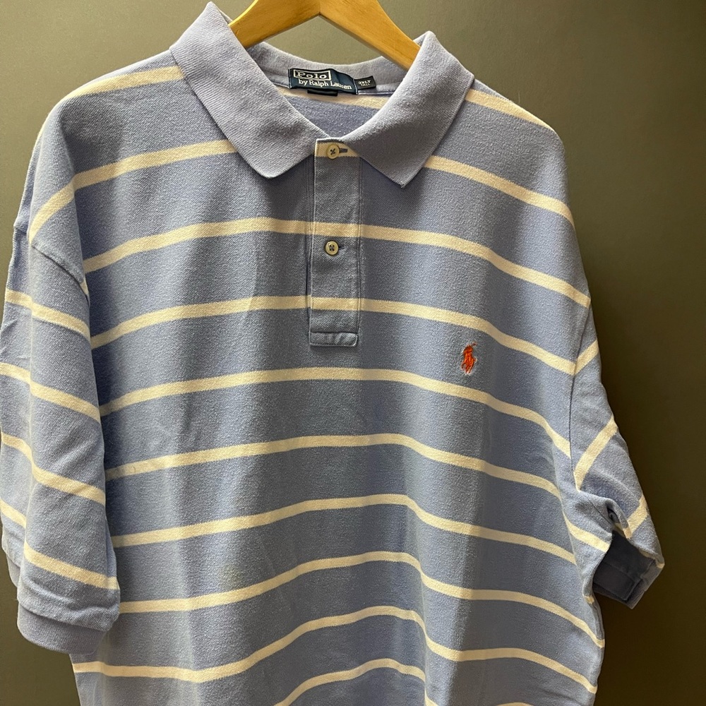 Polo RL Powder Blue w/ White stripes and orange logo Polo shirt good condition